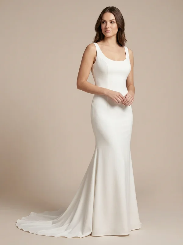 Margaux — White Crepe Trumpet Wedding Dress with Beaded Cap Sleeves - 1