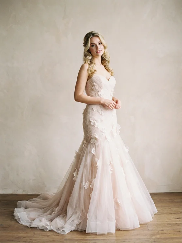 Rosalind — Blush Tulle Trumpet Wedding Dress with Floral Appliqués - 1