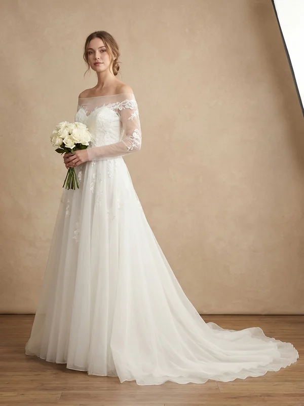 Arabella — White Tulle A-Line Wedding Dress with Floral Appliqué - 1