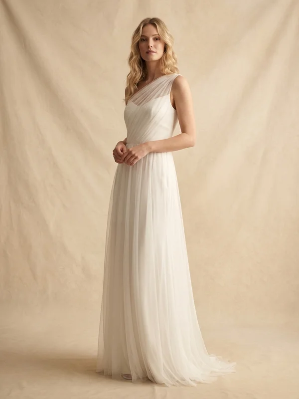 Ophelia — White Draped Tulle Sheath Wedding Dress with Open Back - 1