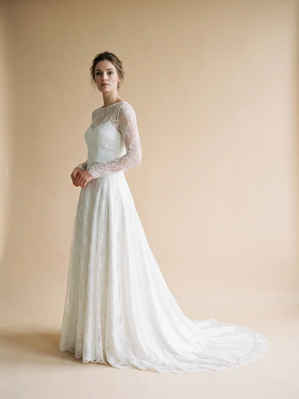 Margaux — White Lace Two-Piece Wedding Gown with Sheer Long Sleeves - 1