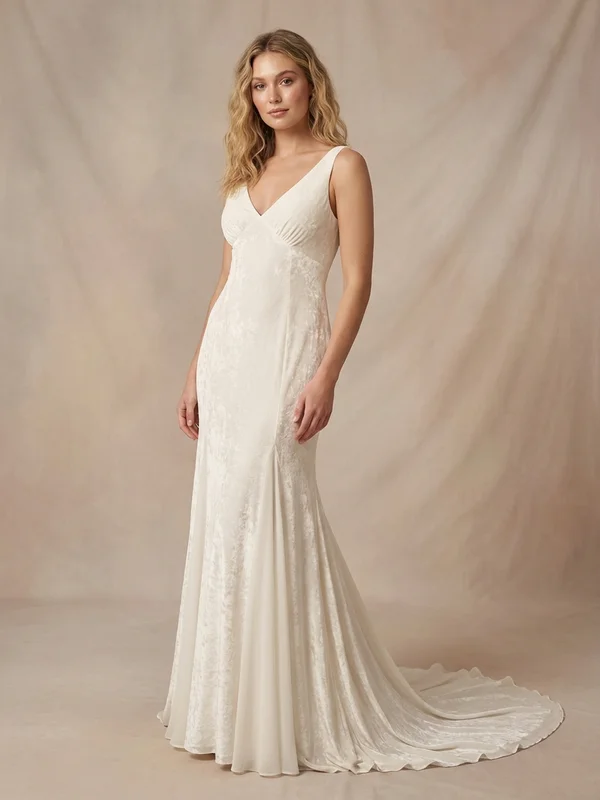 Beatrice — Ivory Devore Velvet Wedding Gown with Sheer Floral Panels - 1