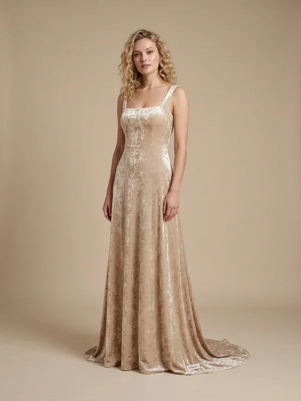 Cordelia — Champagne Crushed Velvet Wedding Gown with Dramatic Sleeves - 1