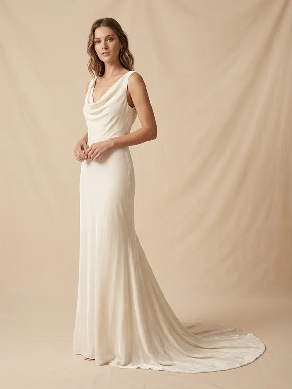 Evangeline — Ivory Silk Velvet Wedding Dress with Chapel Train - 1