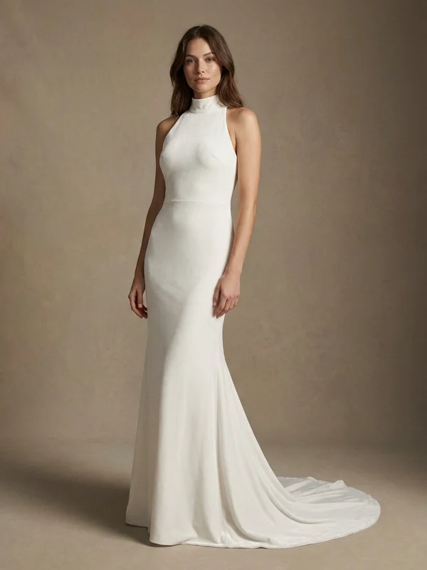 Valentina — White Stretch Velvet Wedding Dress with Keyhole Back - 1