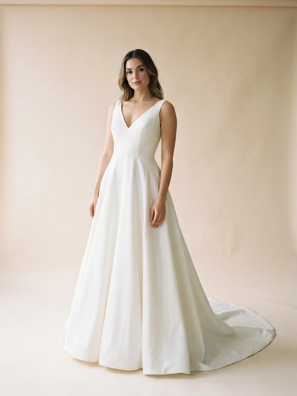 Celestine — Ivory V-Neck A-Line Wedding Dress with Beaded Bodice - 1
