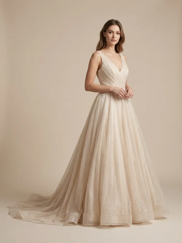 Evangeline — Champagne V-Neck Ball Gown Wedding Dress with Sparkle Tulle - 1