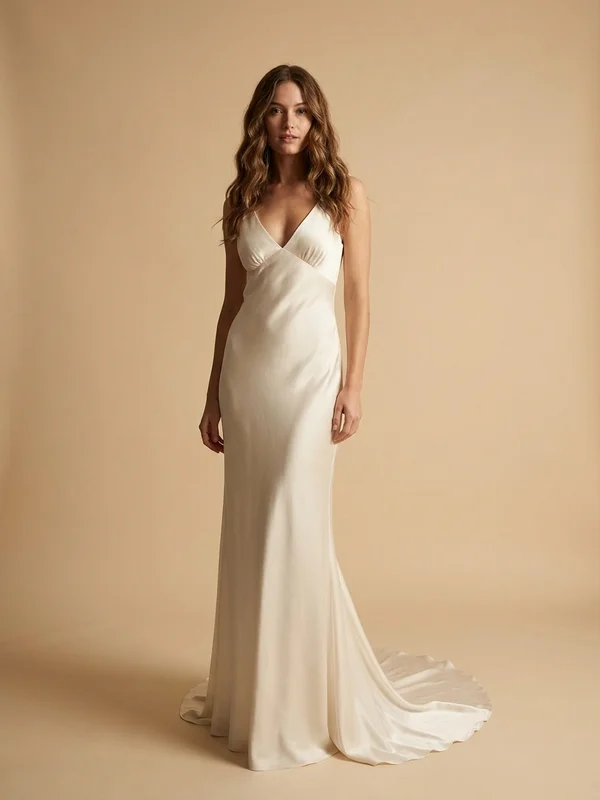 Isadora — Ivory V-Neck Column Wedding Gown with Silk Draping - 1