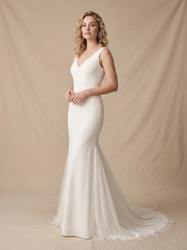 Seraphine — White V-Neck Mermaid Wedding Gown with Lace Appliqué - 1