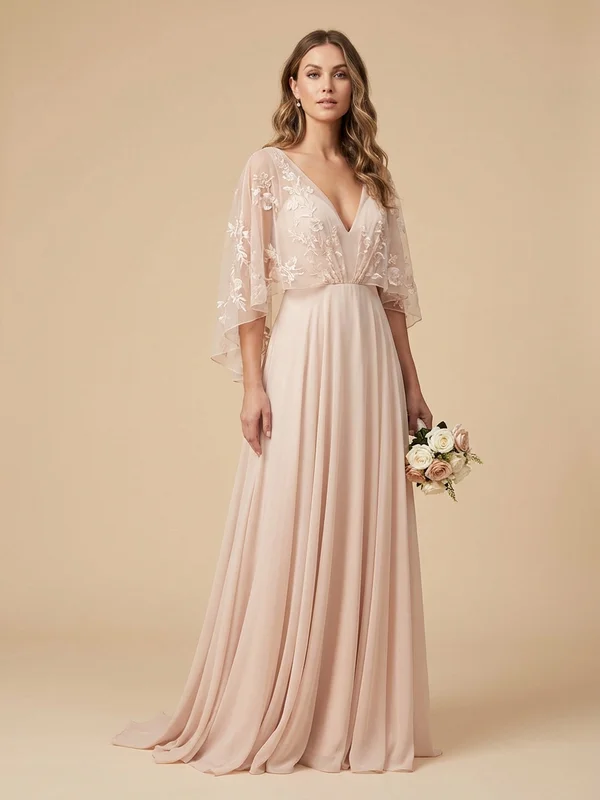 Evangeline — Blush Chiffon Vintage Wedding Dress with Embroidered Cape - 1