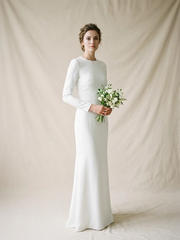 Evangeline — White Crepe Column Wedding Dress with Cowl Back - 1