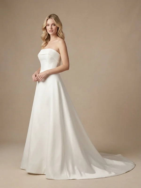 Rosalind — White Mikado Strapless Wedding Dress with Cathedral Train - 1